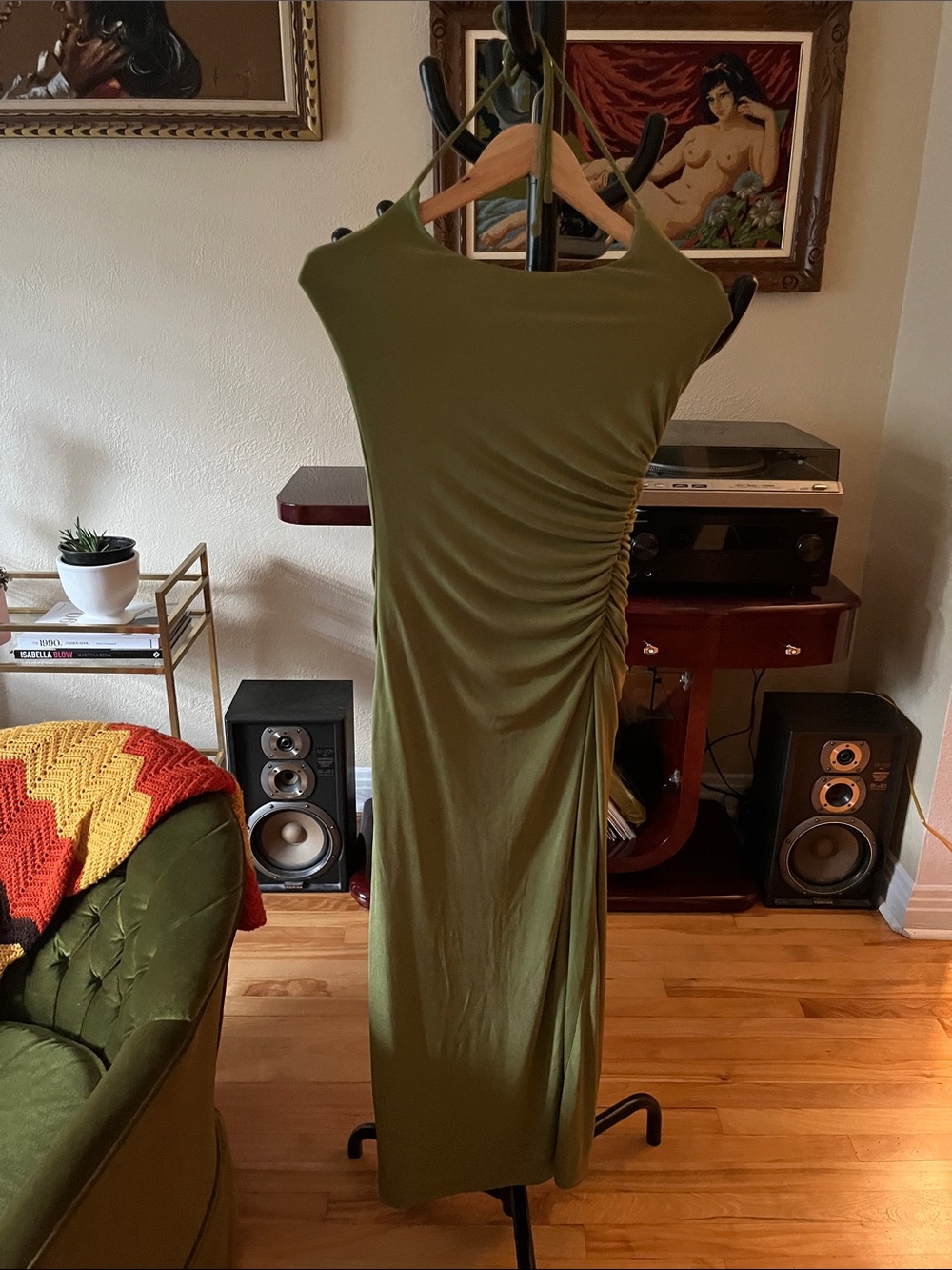 Meshki Olive Green Ruched Midi Dress